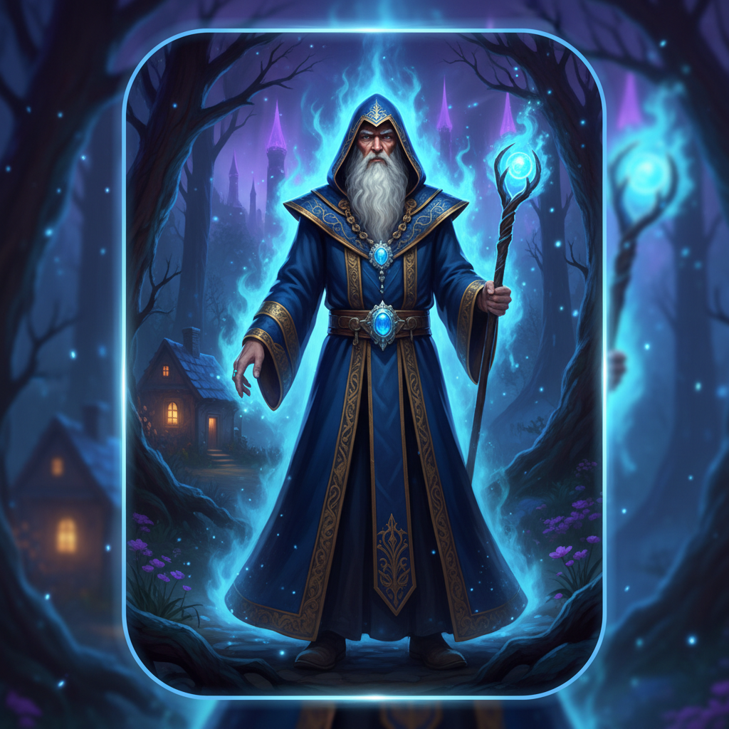 Blue Wizard elderly wizard character with blue hooded robe, white beard and golden trim, surrounded by magical blue aura