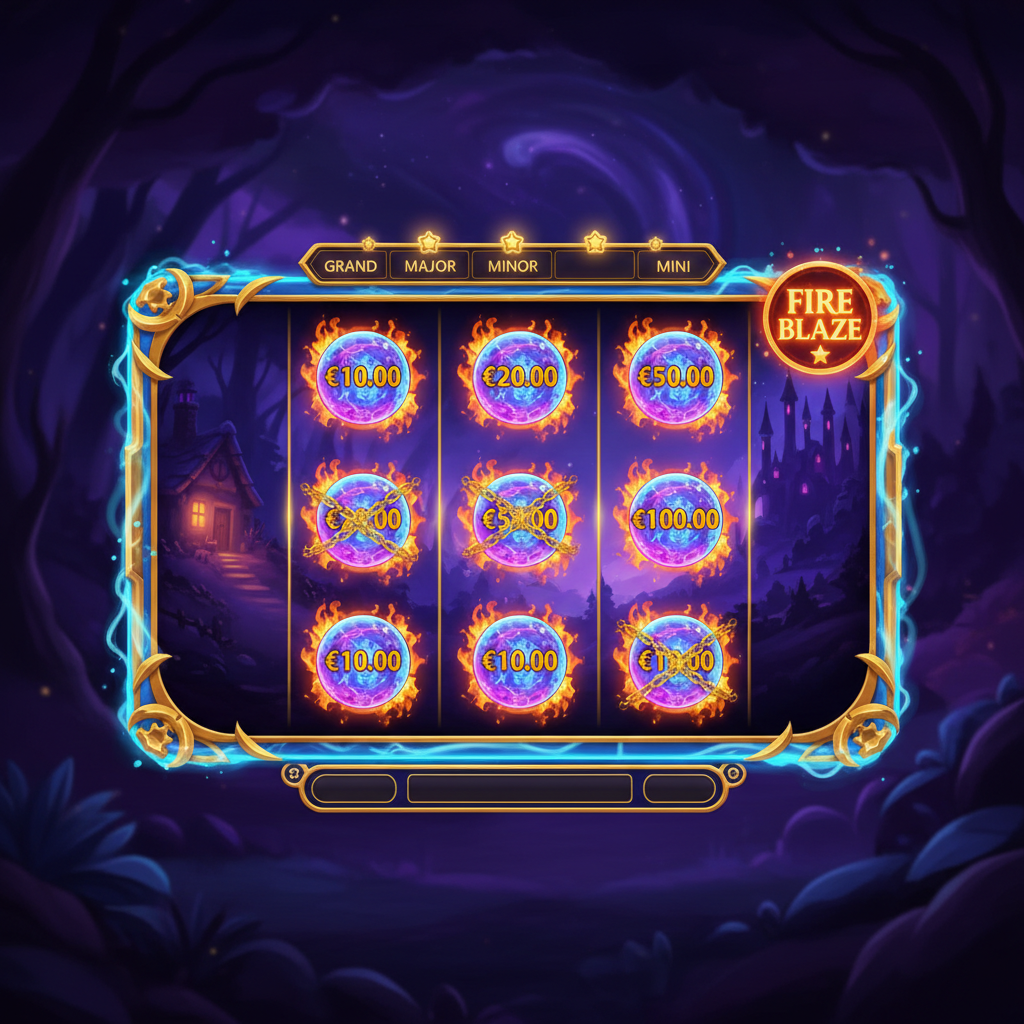 Blue Wizard showing 6 crystal ball symbols triggering Fire Blaze Respins with cash values displayed