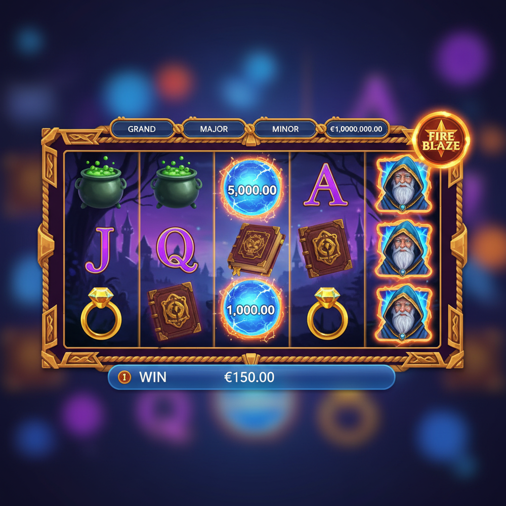 Blue Wizard Crystal Ball symbols showing different cash prize values including 5000.00 and 1000.00 with orange glowing frames