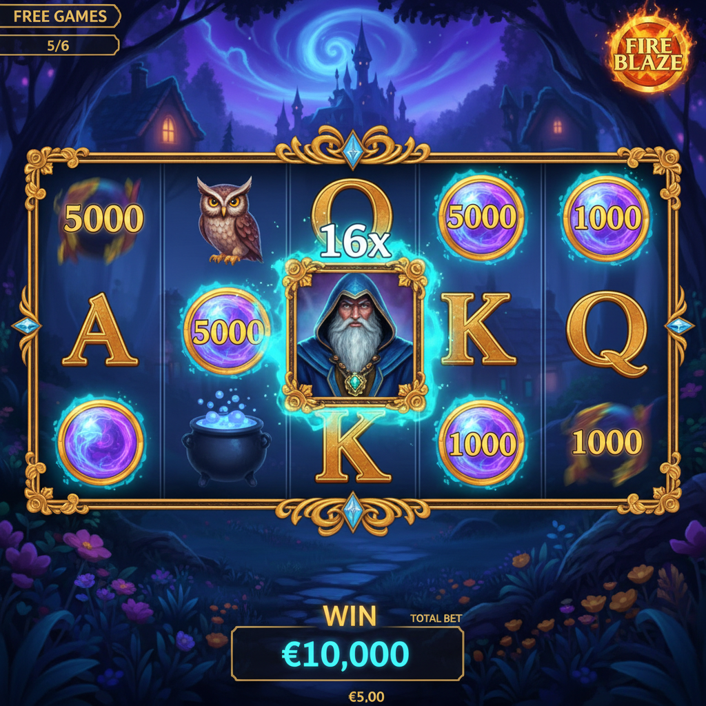 Blue Wizard free games feature showing 16x multiplier wild on reel 3 with enhanced crystal ball values