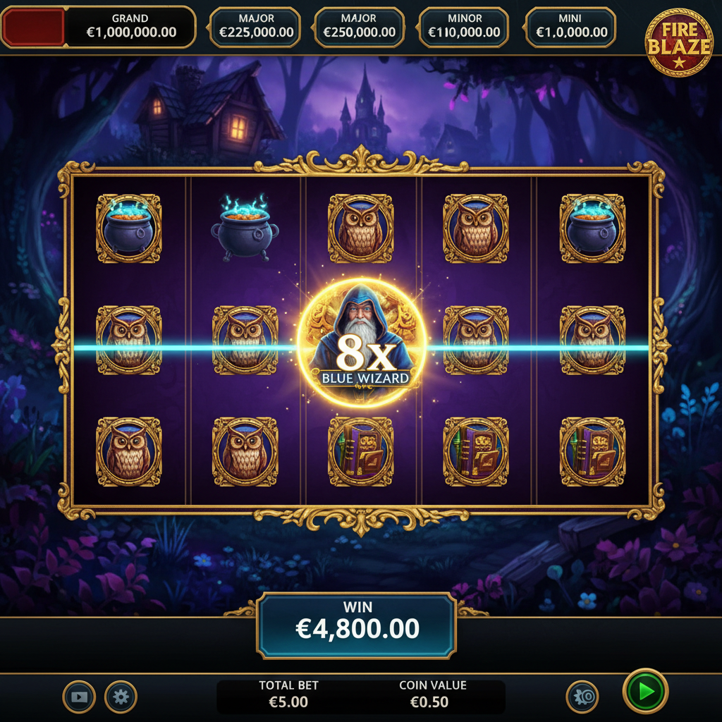 Blue Wizard Free Games showing Wild symbol with 8x multiplier on reel 3 highlighted in golden glow