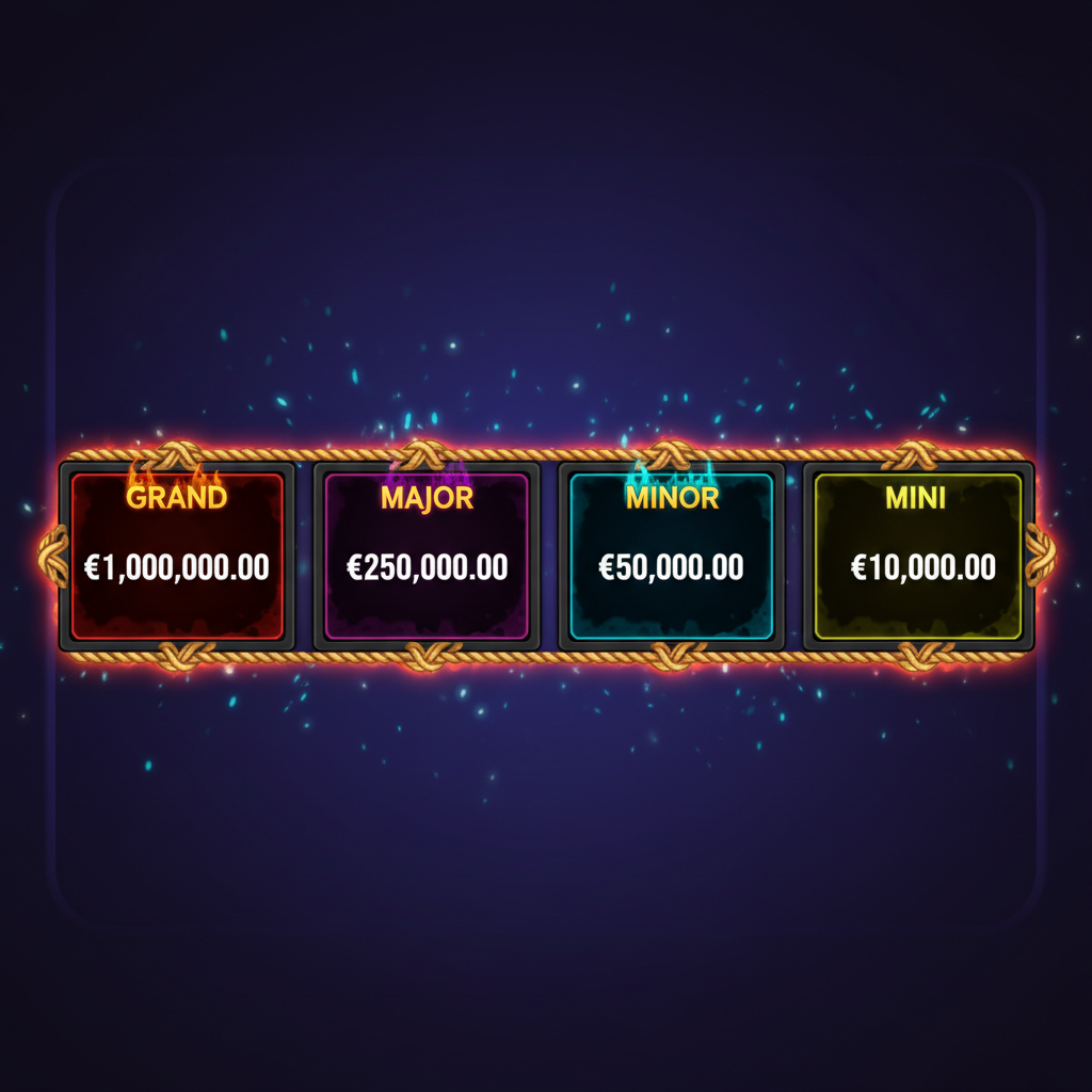 Blue Wizard jackpot display bar showing Grand, Major, Minor and Mini prize tiers with golden decorative rope pattern