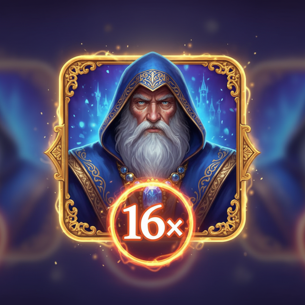 Blue Wizard Wild symbol on reel 3 during Free Games showing a 16x multiplier value highlighted with golden glow