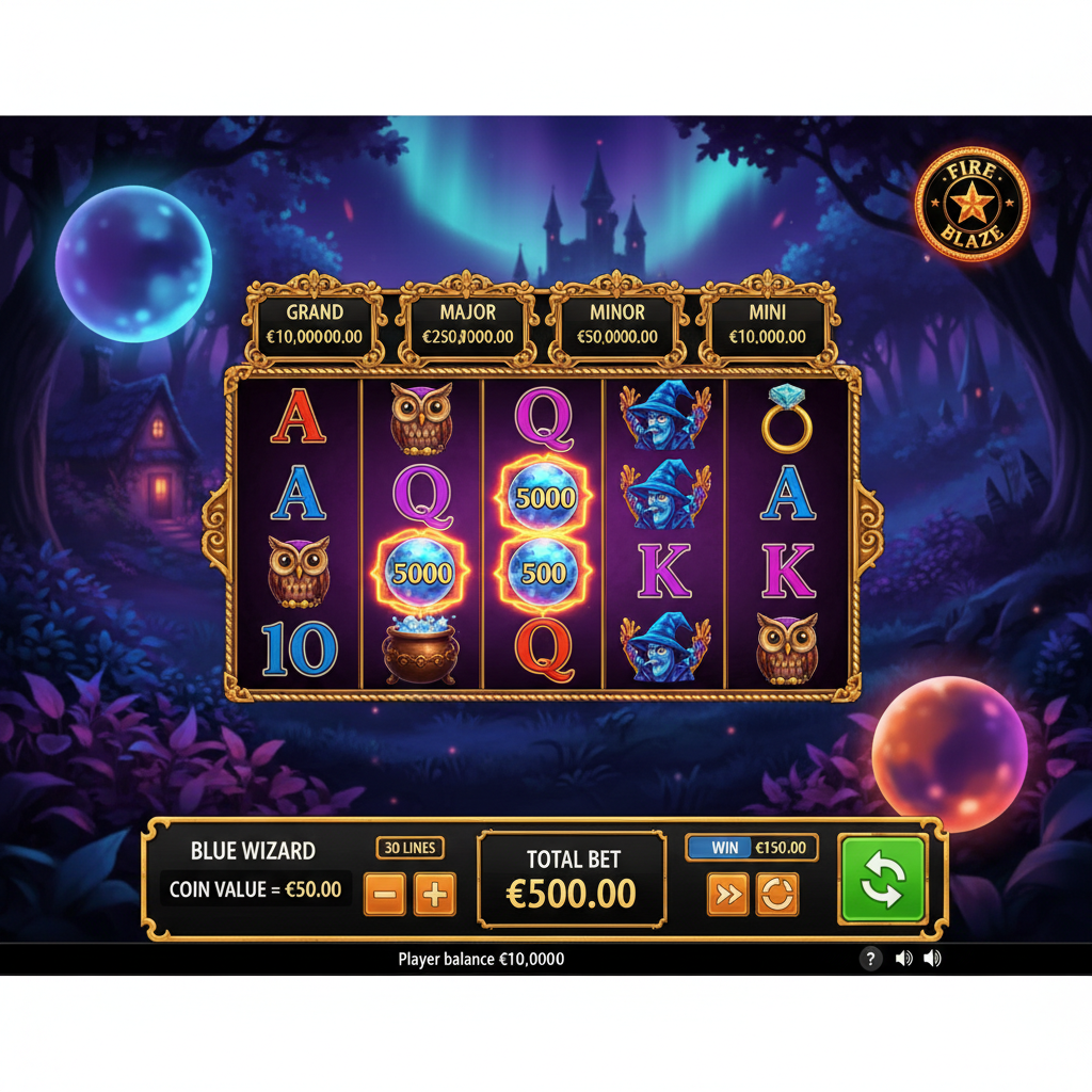 Blue Wizard slot review showing the main game interface with Fire Blaze respins feature and crystal ball symbols