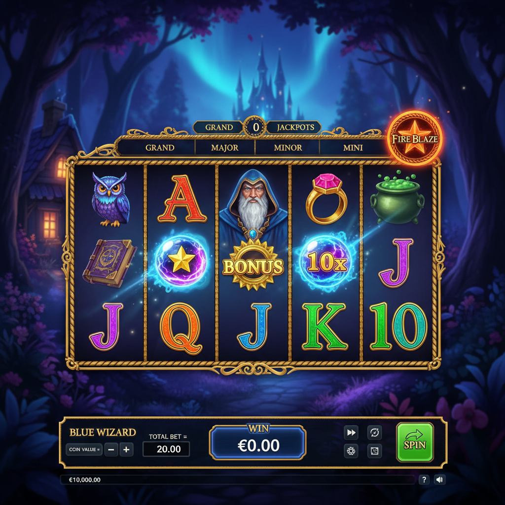 Blue Wizard slot game interface showing mystical forest background with Fire Blaze respins feature and crystal ball symbols