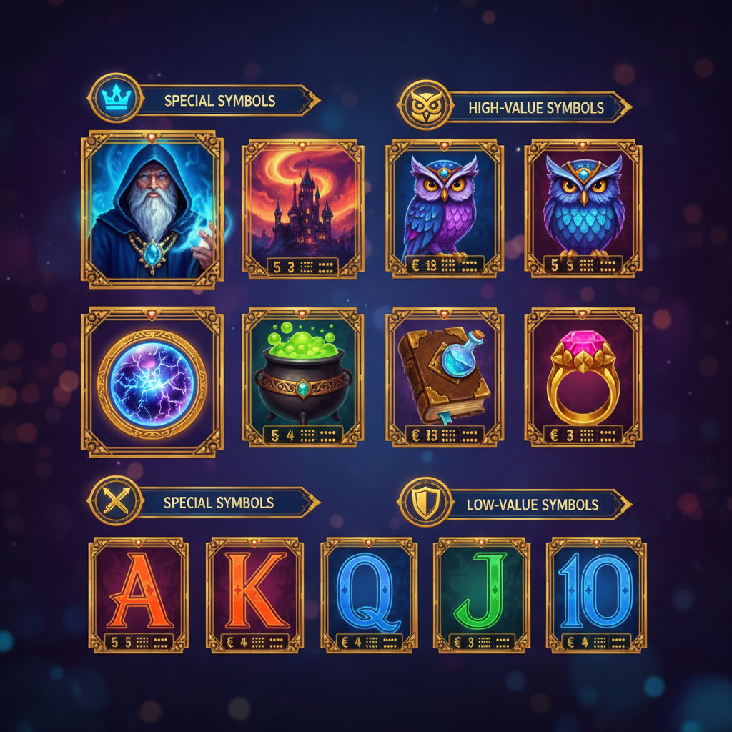 Blue Wizard slot symbols including Blue Wizard wild, Castle scatter, Crystal Ball bonus, and high-value themed symbols with payout values