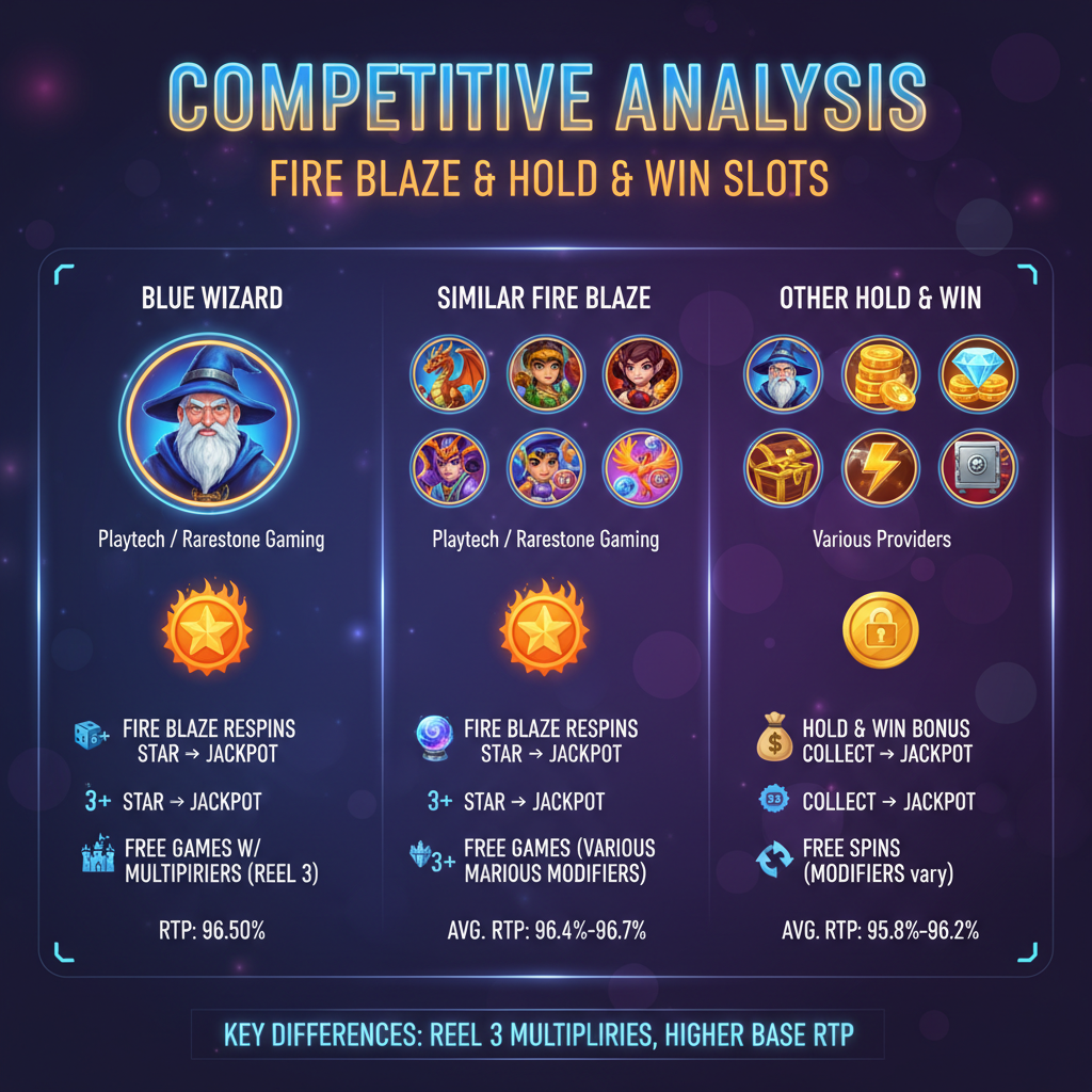 Blue Wizard slot compared against similar Fire Blaze and hold-and-win games showing feature differences and RTP comparison