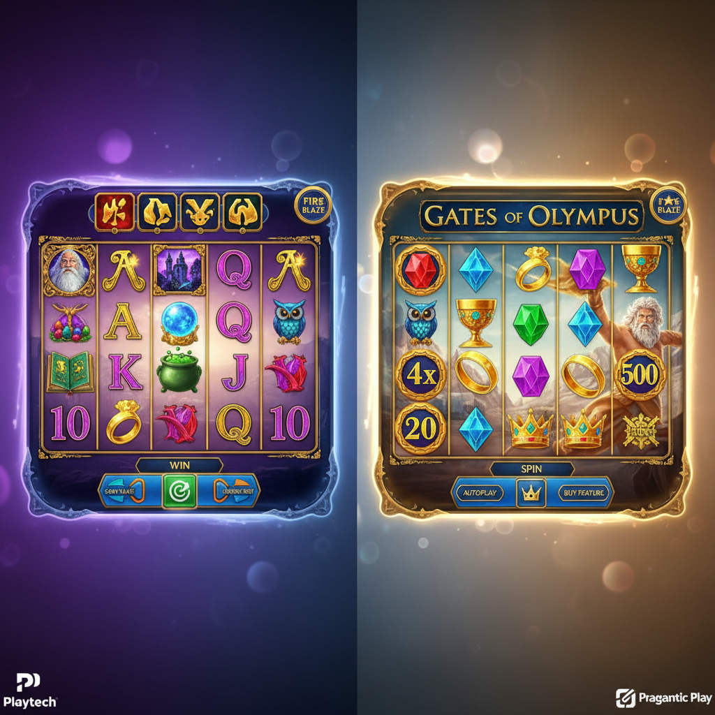 Side by side comparison of Blue Wizard and Gates of Olympus slot interfaces